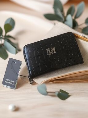 Badgley Mischka Black Croc-Embossed Zip Card Case with Silver Logo